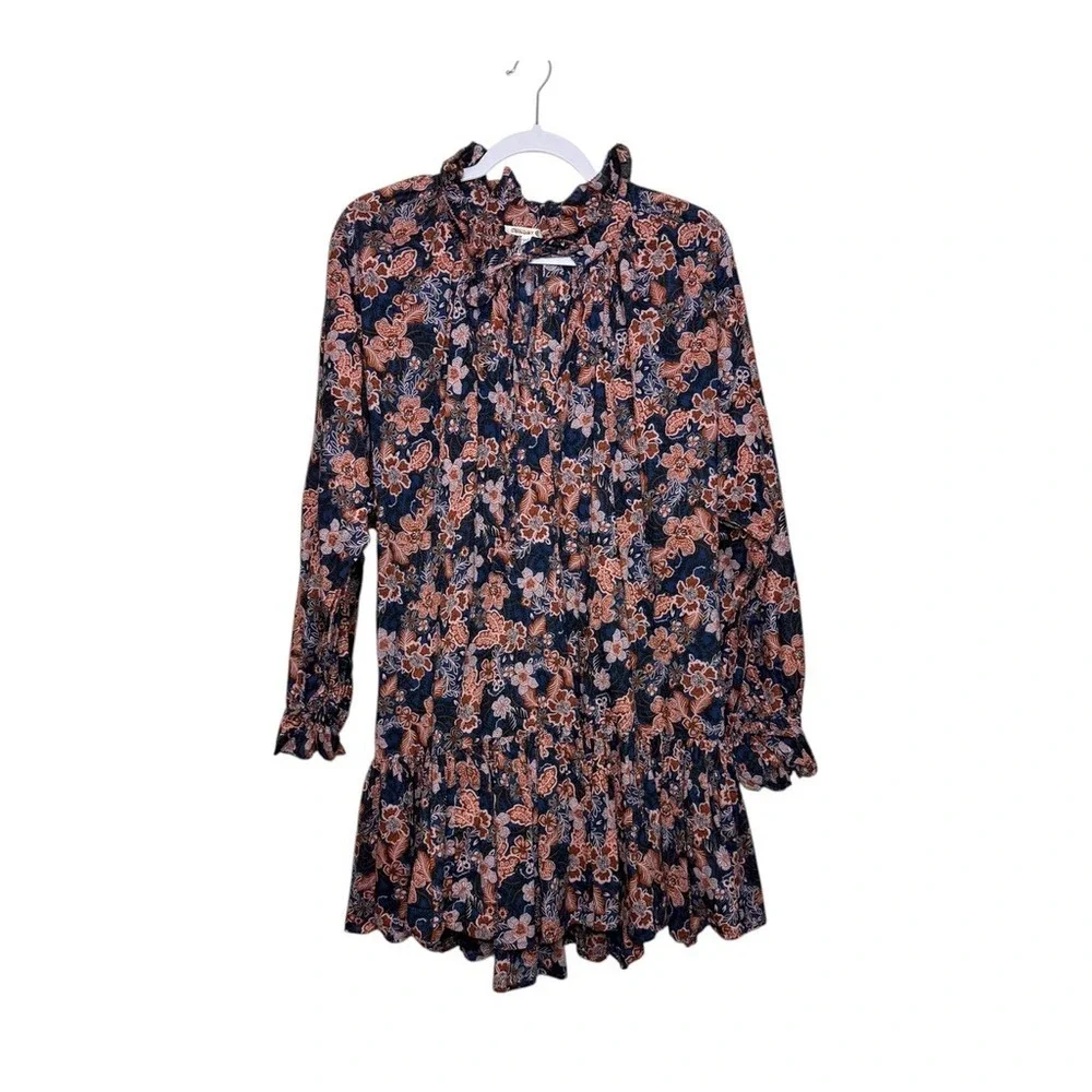 Antropologie SUNDRY Floral Print Ruffle Mock Neck Long Sleeve Mini‎ Dress SZ 2/M